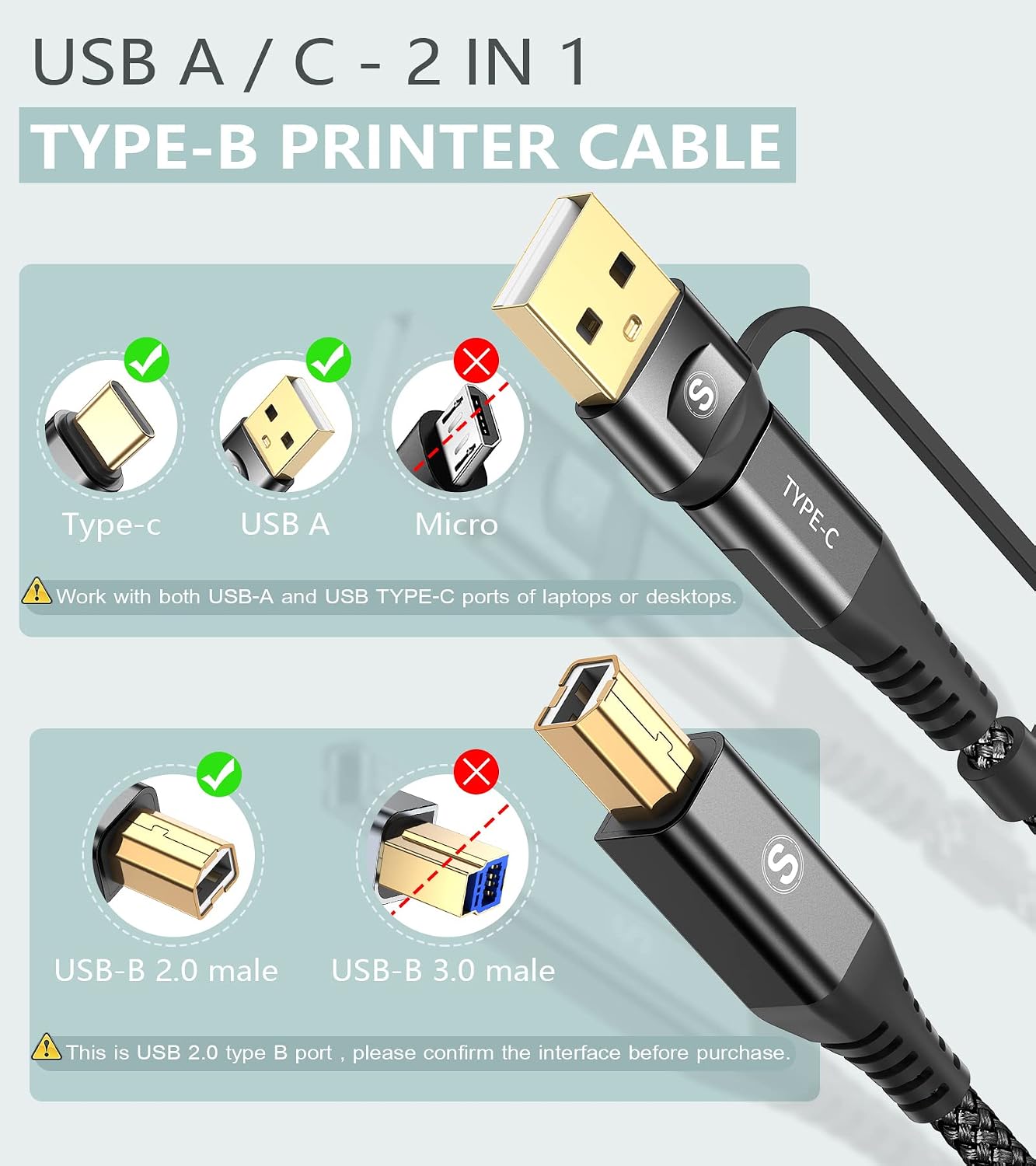 2-in-1 [2-Pack, 6.6FT] USB-A/C to USB-B Printer Cable USB C MIDI Cable Nylon Braid High-Speed Printer Cord for MacBook