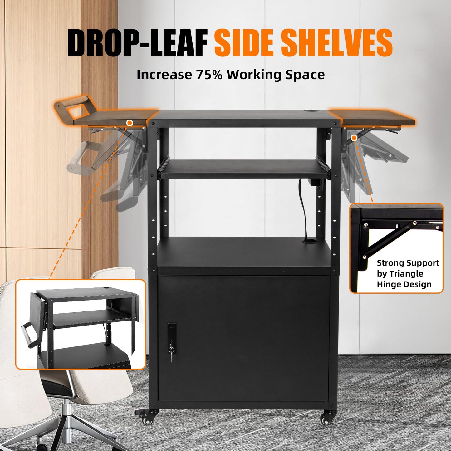 Large Mobile AV Cart with Locking Cabinet and Drop Leaves, Height Adjustable Steel AV Cart with Wheels and Power, Rolling Computer Cart with Pullout Keyboard Tray for Office, Warehouse&Classroom
