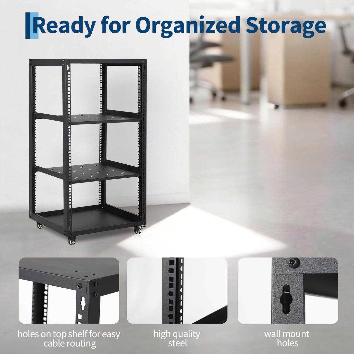 Garvee 20U Network Rack with Casters - Heavy Duty Open Frame Network/Server Rack for IT & AV Gear, Floor Standing or Wall Mounted IT Equipment Cabinet, with 2 PCS 1U Rack Shelves & Mounting