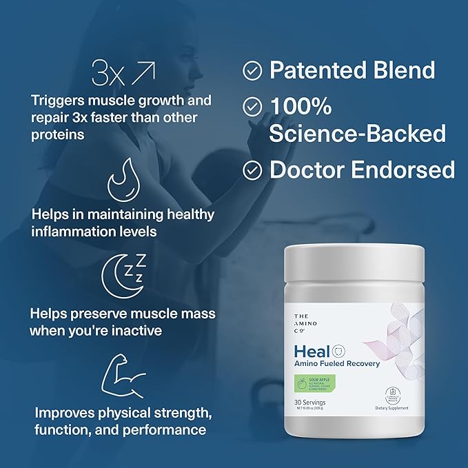 The Amino Co. - Heal - Post Workout Recovery Drink with Pure Eaa Amino Acid Formula -Creatine Monohydrate Powder for Efficient Muscle Repair, Vegan, and Keto-Friendly with Sour Apple Flavor - 10.89oz.