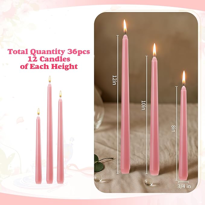MTLEE Taper Candles 8/10/12 Multi Height Unscented Taper Candles 8 Burn Hours for Dinner Decorative Home Decoration Wedding Party Candlesticks(Pink,36)