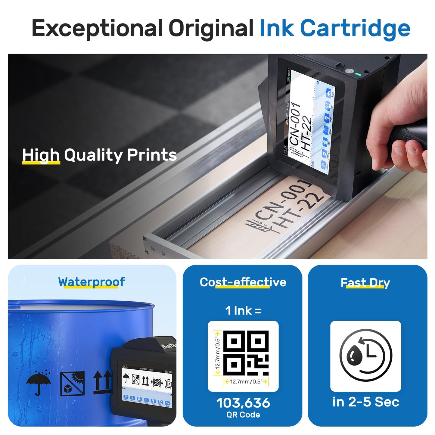 BENTSAI B45 Handheld Inkjet Printer with 2 Inch Print Height for High Definition Batch Coding EXP Date Marking Product Labeling on Carton Wood Plastic Metal Fabric Glass Aluminum