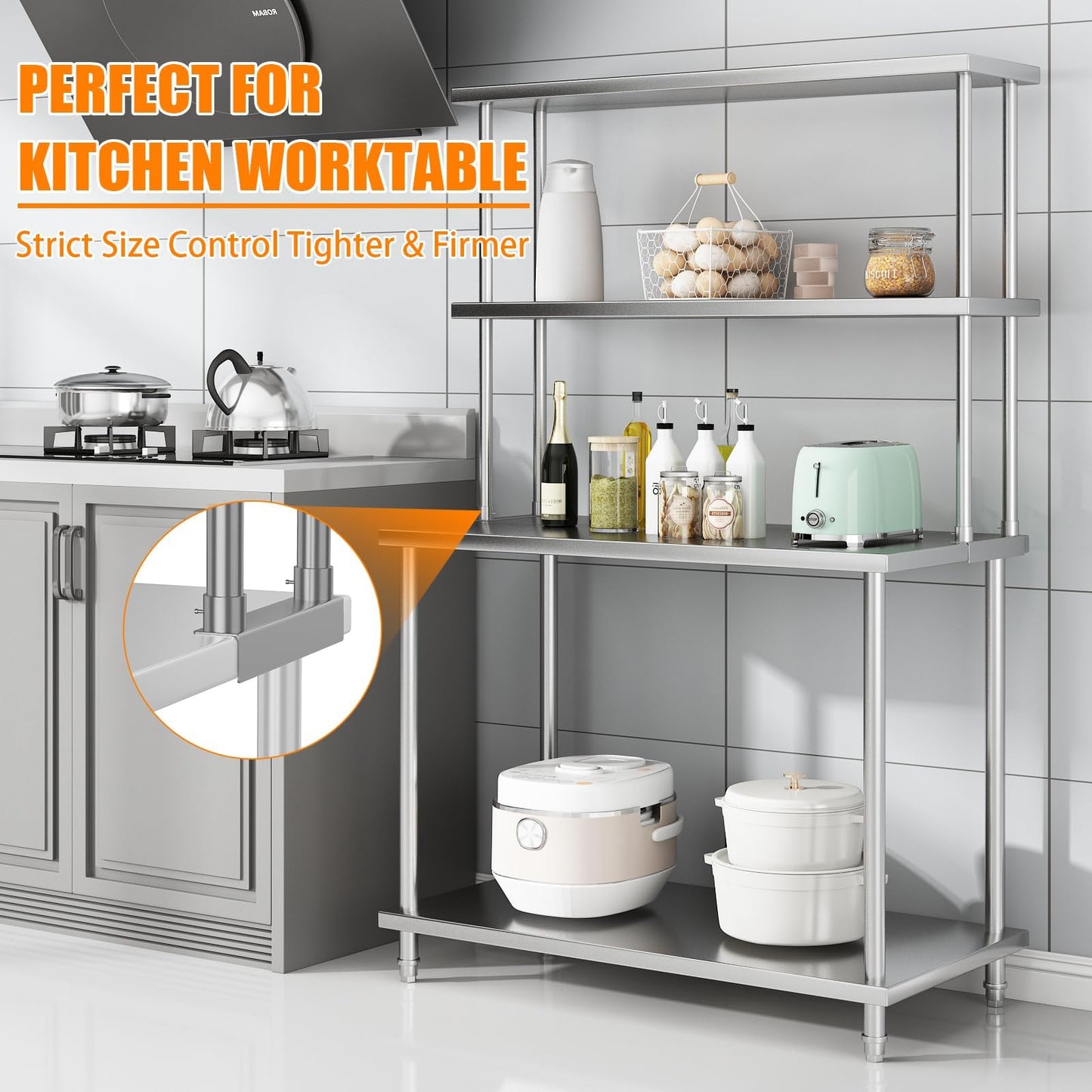 GarveeHome Heavy Duty Stainless Steel Double Overshelf for Commercial Kitchen - 2-Tier Adjustable Shelf (12 in x48 in) - 360 LB Capacity - Restaurant Prep Table, Workbench, Home & Garage Storage Rack
