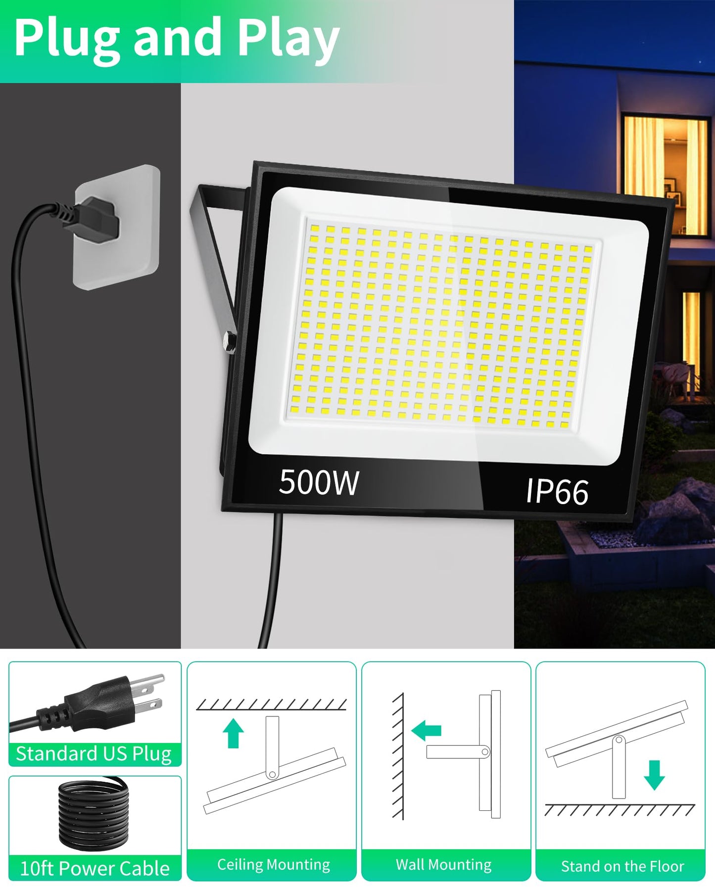 ISUERFY 500W LED Flood Light Outdoor with Plug+10ft Cable, 60000LM Ultra Brighter 5000K Exterior Security Light, IP66 Waterproof Commercial Lighting for Sports Fields Counts Arena Stadium(2 Pack)