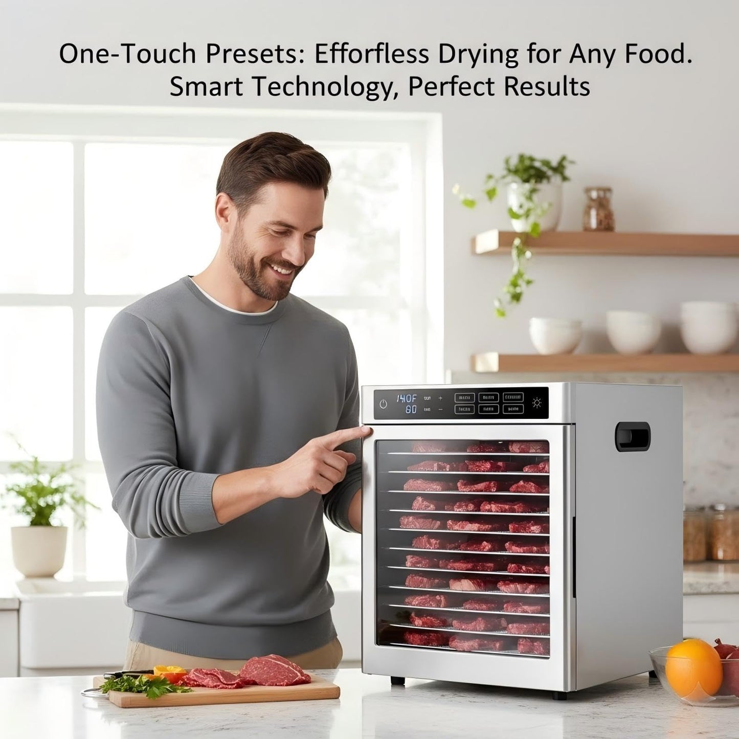 Commercial Food Dehydrator 12 Tray Stainless Steel with One-Touch Presets, 800W Professional Jerky Maker with Dual Fans, 360° Airflow, 86°F-185°F Digital Timer for Herbs, Fruits, Dog Treats