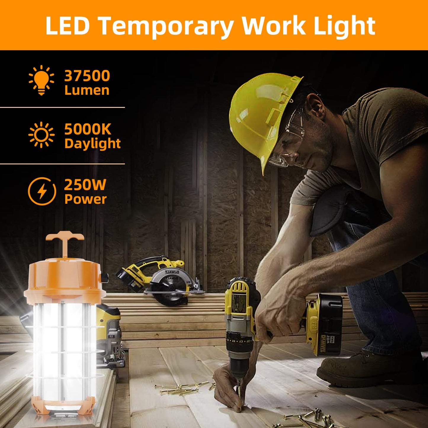 NS 250W Construction Lights Super Bright 37500 Lumens Led Temporary Work Light 5000K Portable Hook Temp Lights,Linkable Durable Job Site Lighting for High Bay Workshop Garage Shop Area Lighting