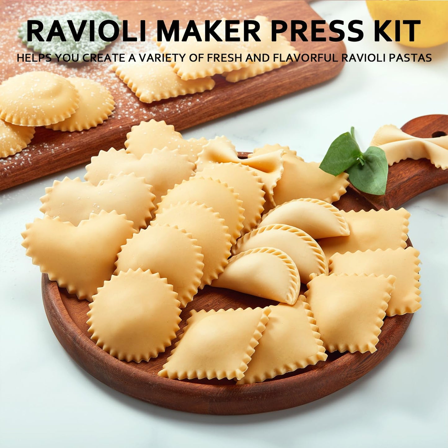 MUMSUNG Ravioli Maker Press, Ravioli Press Mold Set - Round Ravioli Stamp Maker Cutter with Wood Rolling Pin, 2.6" Empanada Maker Press Kit and Ravioli Wheel, Makes 8 Ravioli