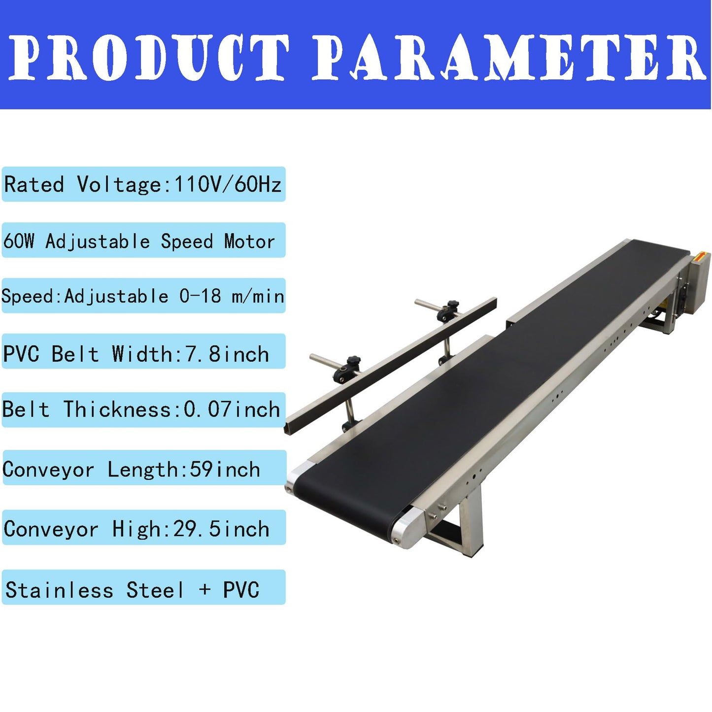 HQHAOTWU Flat Belt Conveyor PVC Belt Transport Conveyor Benchtop with Single Guardrail Stainless Steel Frames 59×7.8inch