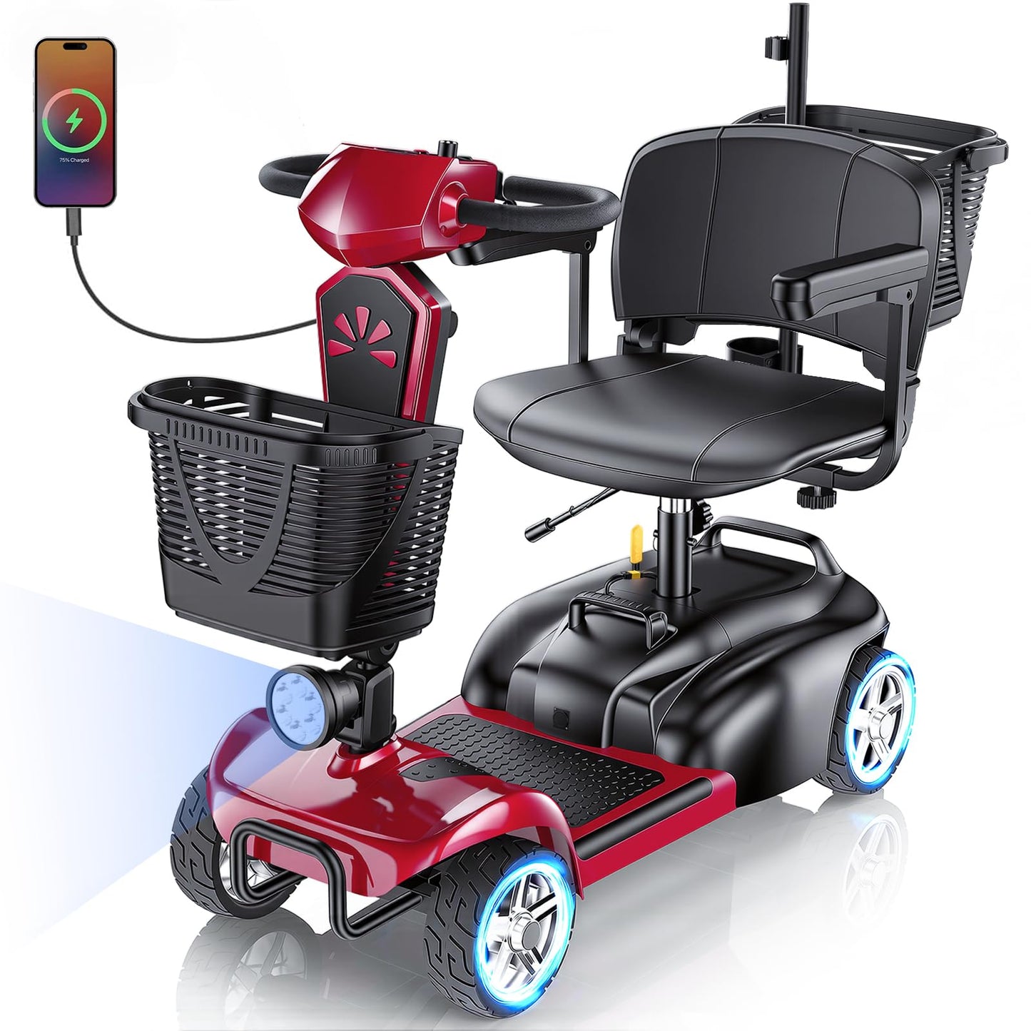 Eldryvon Mobility Scooter for Adults, 15/25/30/50 Miles Long Range, Foldable Electric Scooter for Seniors, Compact Heavy Duty Mobile for Travel, 300Lbs All Terrain, Rotating Wide Seat, Dual Baskets