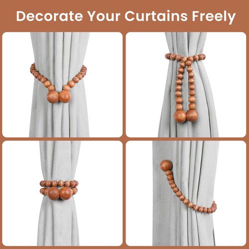 KLOGTSIND Magnetic Curtain Tiebacks, Curtain Tie Backs for Curtains 2 Pack, Wood Bead Curtain Tiebacks, Curtain Holders for Boho Bedroom Decor, Baby Nursery Decor, Farmhouse Decor