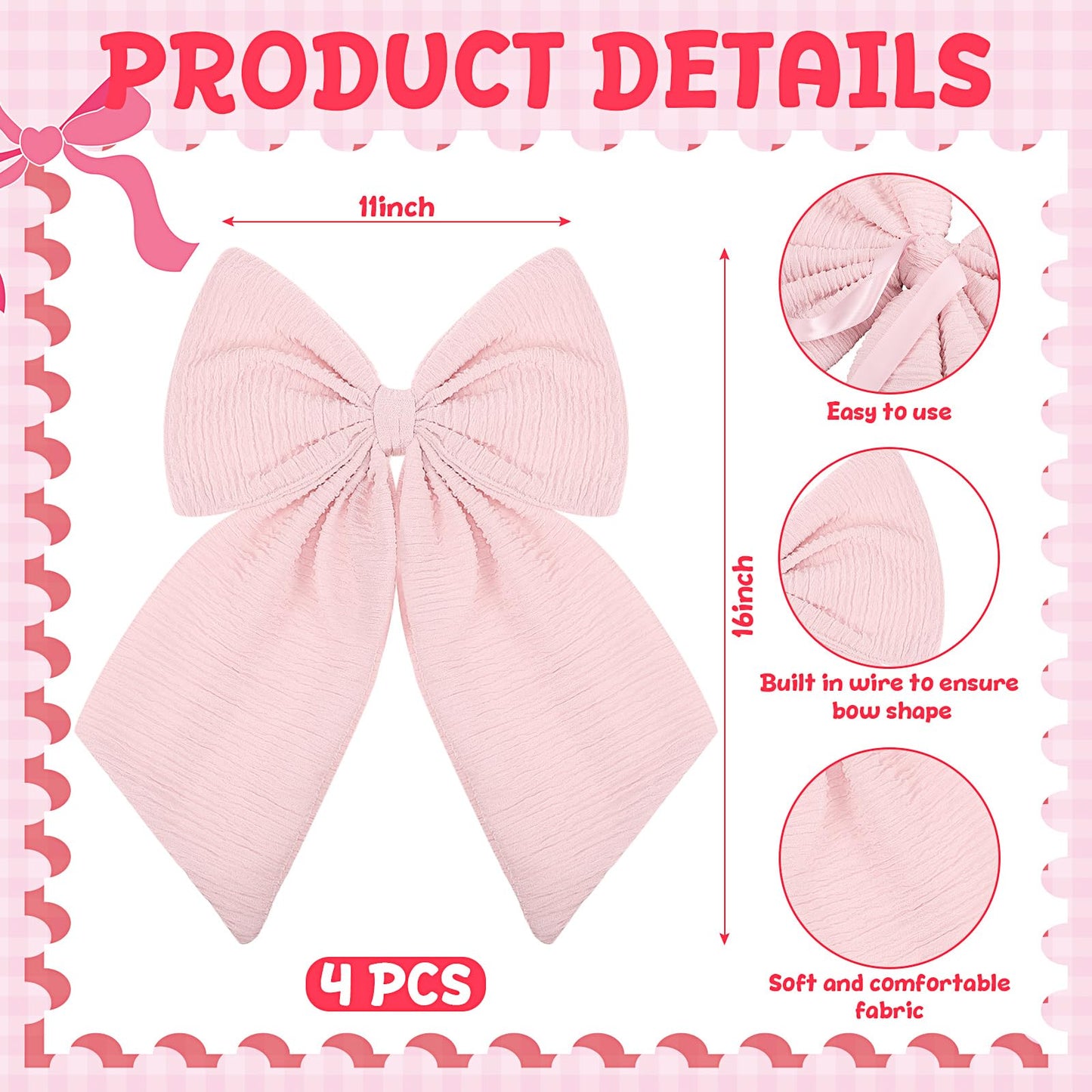 Riceshoot 4 Pcs Large Crib Bows 11 x 16 inch Coquette Bow Decorations for Nursery Crib Canopy Bed Large Bow Room Nursery Decor Infant Bassinet Bedroom Decor for Gender Reveal Gifts (Pink)