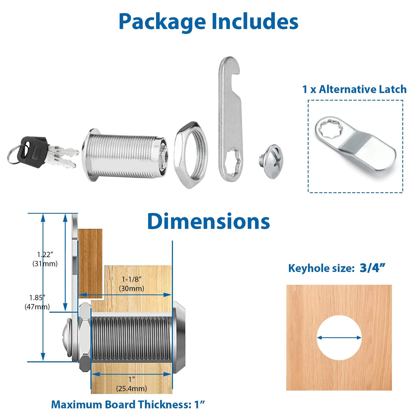 goldenwarm 6 Pack Cam Locks Keyed Alike Cabinet Lock File Locks 1-1/8'' Toolbox Lock with Keys Mailbox Lock, Fits on 1'' Board Thickness, Zinc Alloy with Satin Nickel Finish