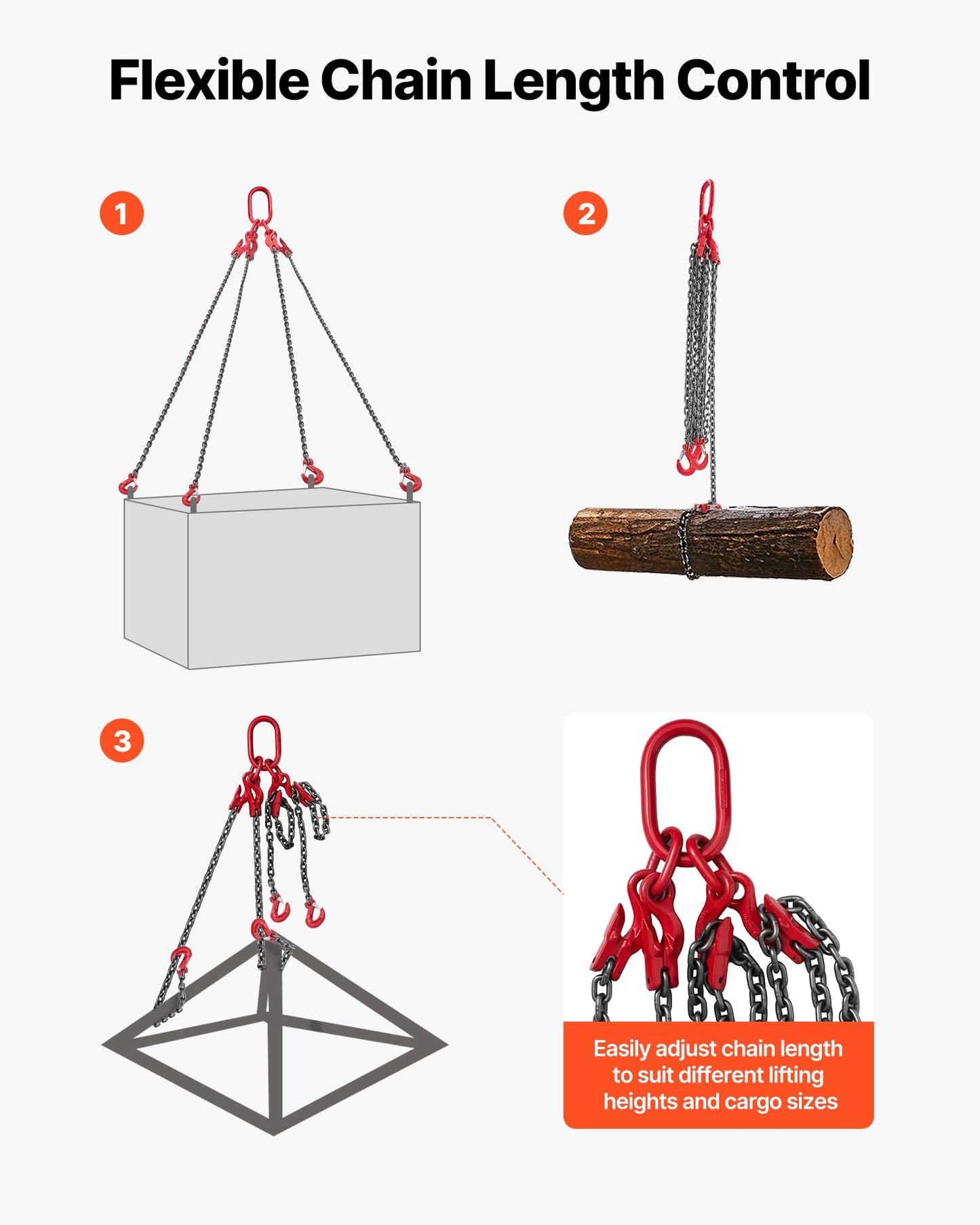 VEVOR Chain Sling, 3/8 in x 10 ft Lifting Chains with 4 Leg Grab Hooks, Heavy Duty G80 Alloy Steel Lifting Sling, 22900LBS Capacity, Adjustable Engine Chain Hoist Lifts for Cargo Security Towing