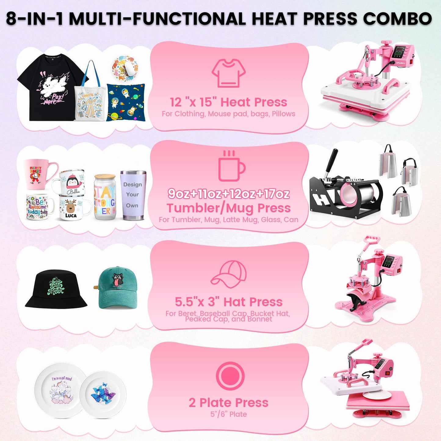 Whubefy Heat Press 12x15 inch 8 in 1 Combo with Tumbler Press, 360° Swing Away Digital Shirt Press Machine, Industrial-Quality Heat Transfer Sublimation for T-Shirt/Tumbler/Mug/Hat/Cap/Plate