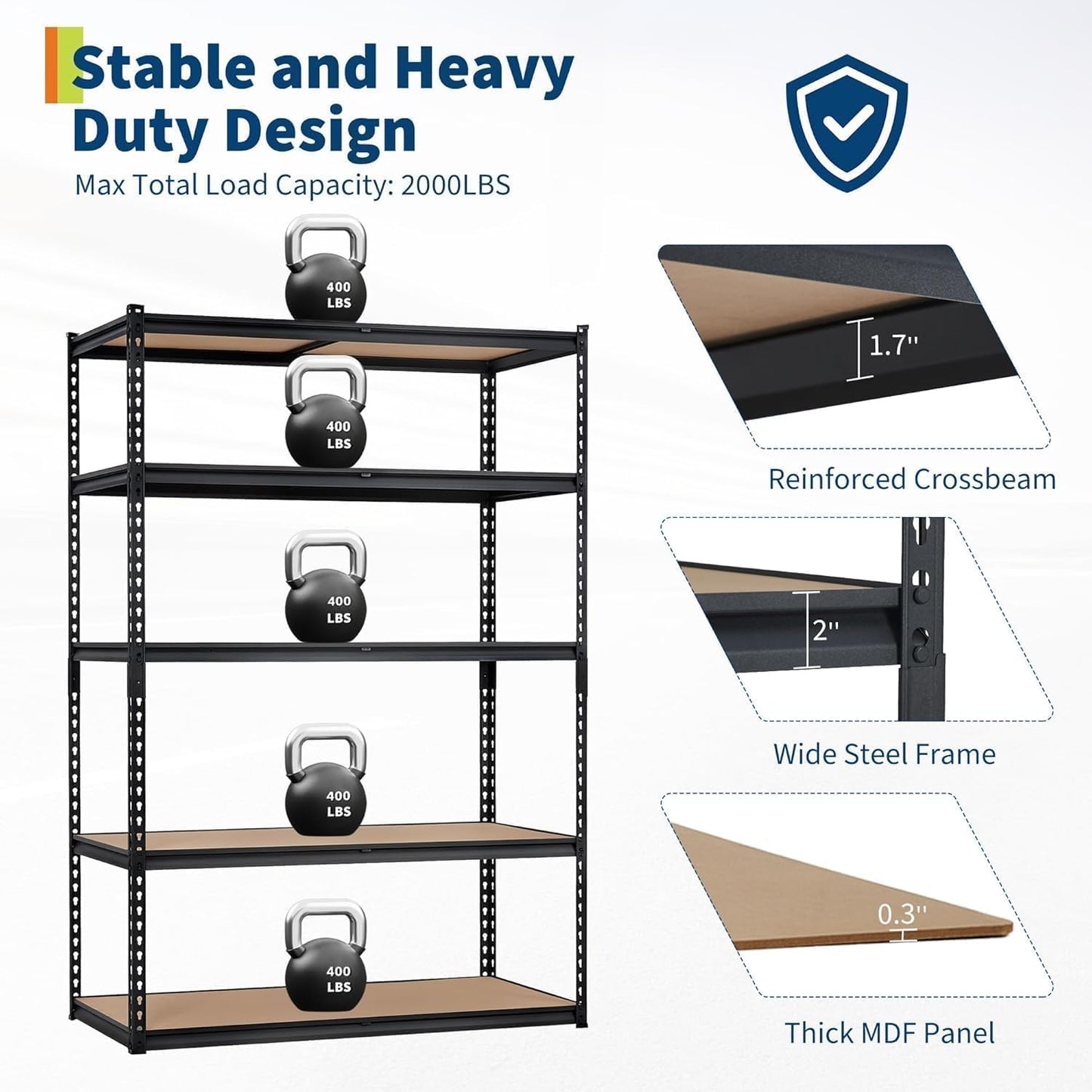 MOVECOM 5-Tier Heavy Duty Steel Shelving Unit, 2000 LBS Capacity Adjustable Garage Shelves, Large Storage Rack for Kitchen, Basement, Laundry, 36" L x 18" W x 72" H