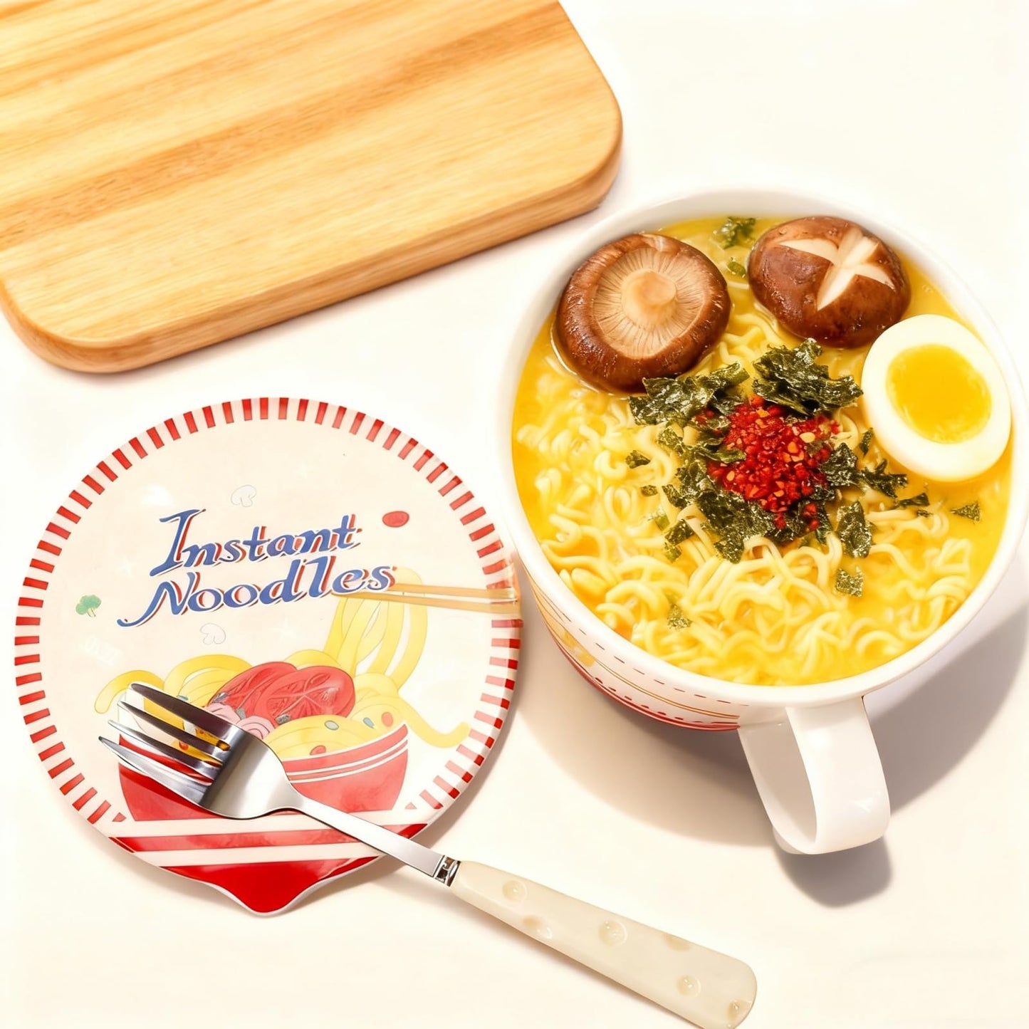 Pumtus Ceramic Ramen Bowl with Lid, 35 OZ Large Japanese Instant Noodle Cup with Fork & Handle, Cute Deep Soup Mug Set, Cereal Porridge Tableware for Home Office Dorm, Microwave & Dishwasher Safe