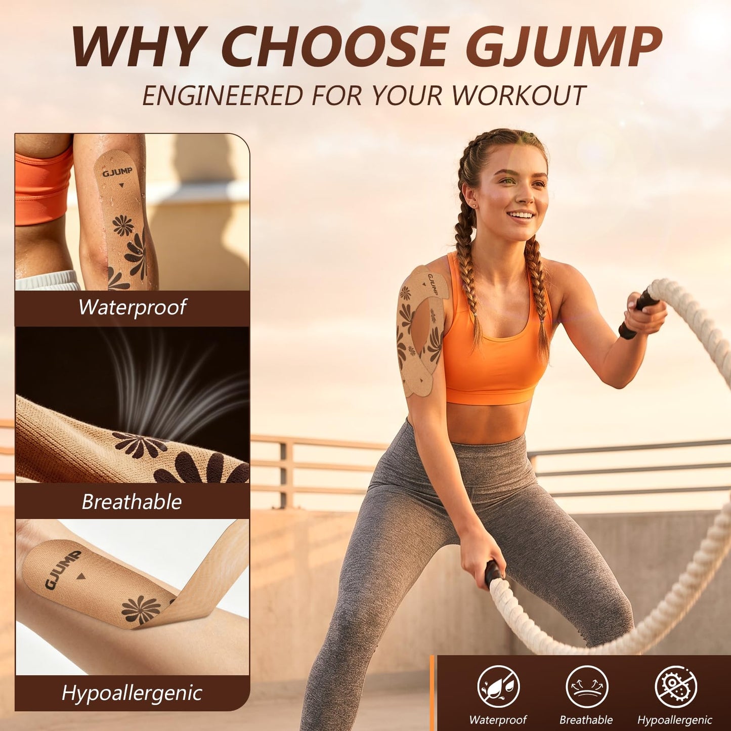 GJUMP Floral Sports Kinesiology Tape – 40 Precut Strips, Athletic Tape for Running, Dance, Yoga & Daily Support, Waterproof Cotton Tape for Muscle Relief & Joint Support (Beige Floral)