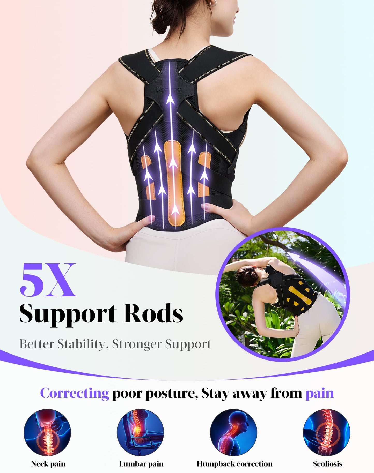 Posture Corrector for Women and Men, 5 Full Back Support Brace Rods, FSA&HSA Eligible, Adjustable Shoulder Straightener, Improving Hunchback Posture, Upper and Lower Back, Neck Pain Relief, Large