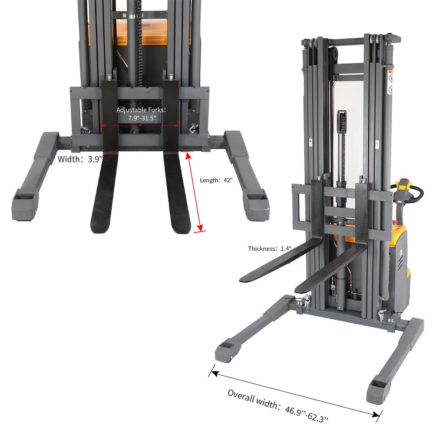APOLLO Full Electric Pallet Stacker Powered Straddle Forklift with Straddle Legs 3300lbs Capacity 220''Lifting Height with Adjustable Forks Material Lifter