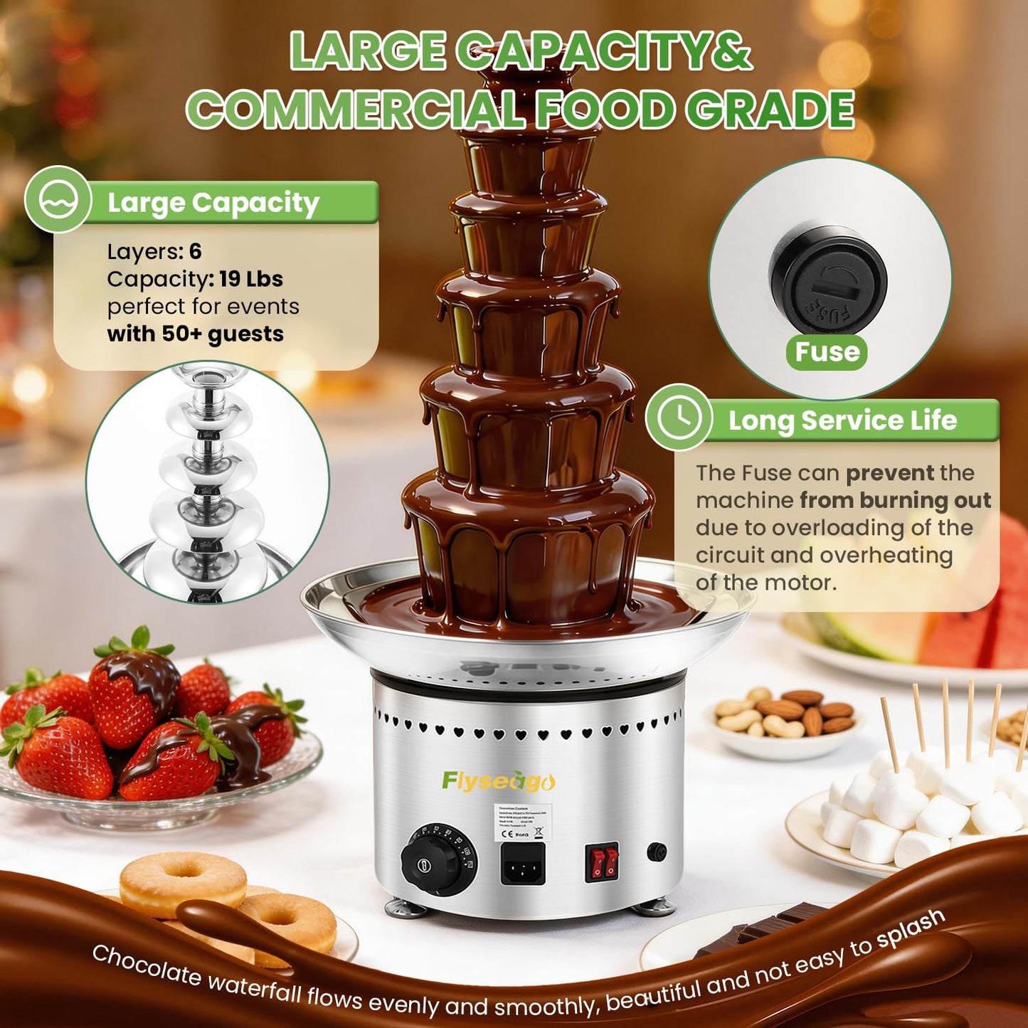 Flyseago Commercial Chocolate Fountain| 6 Tiers 19 lb Capacity| Large Hot Chocolate Fondue Tower| Stainless Steel Chocolate Melting Heating Machine for Nacho Cheese, Liqueurs, Party, Wedding