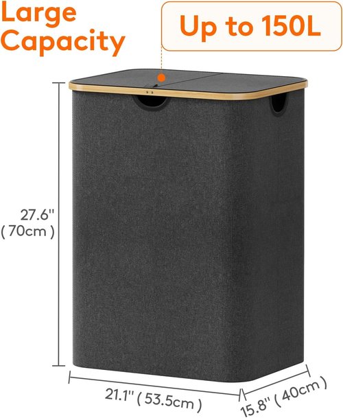 Lifewit 150L Laundry Basket - Foldable Hamper with Lid & Bamboo Handles | Dark Gray, 2 Removable Bags