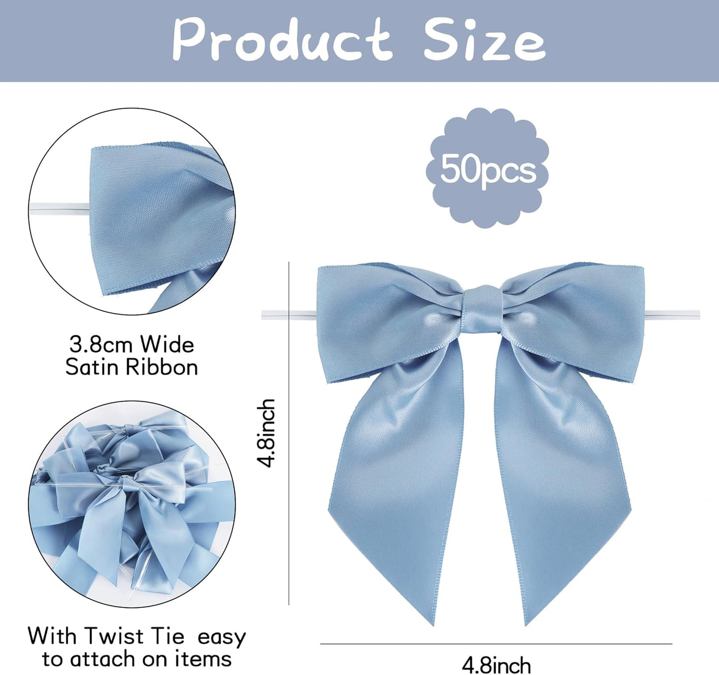 TONIFUL Decorative Dusty Blue Satin Ribbon Bows - 50pcs, 4.5 Inch for Gift Wrapping & Crafts