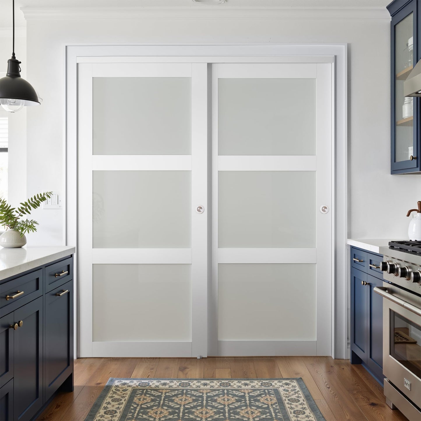 COSHOMER Sliding Closet Door for 72" x 80" Opening, 3-Lite Frosted Glass MDF Barn Door with Hardware Kit Set, Door Panels Need to Assemble, White