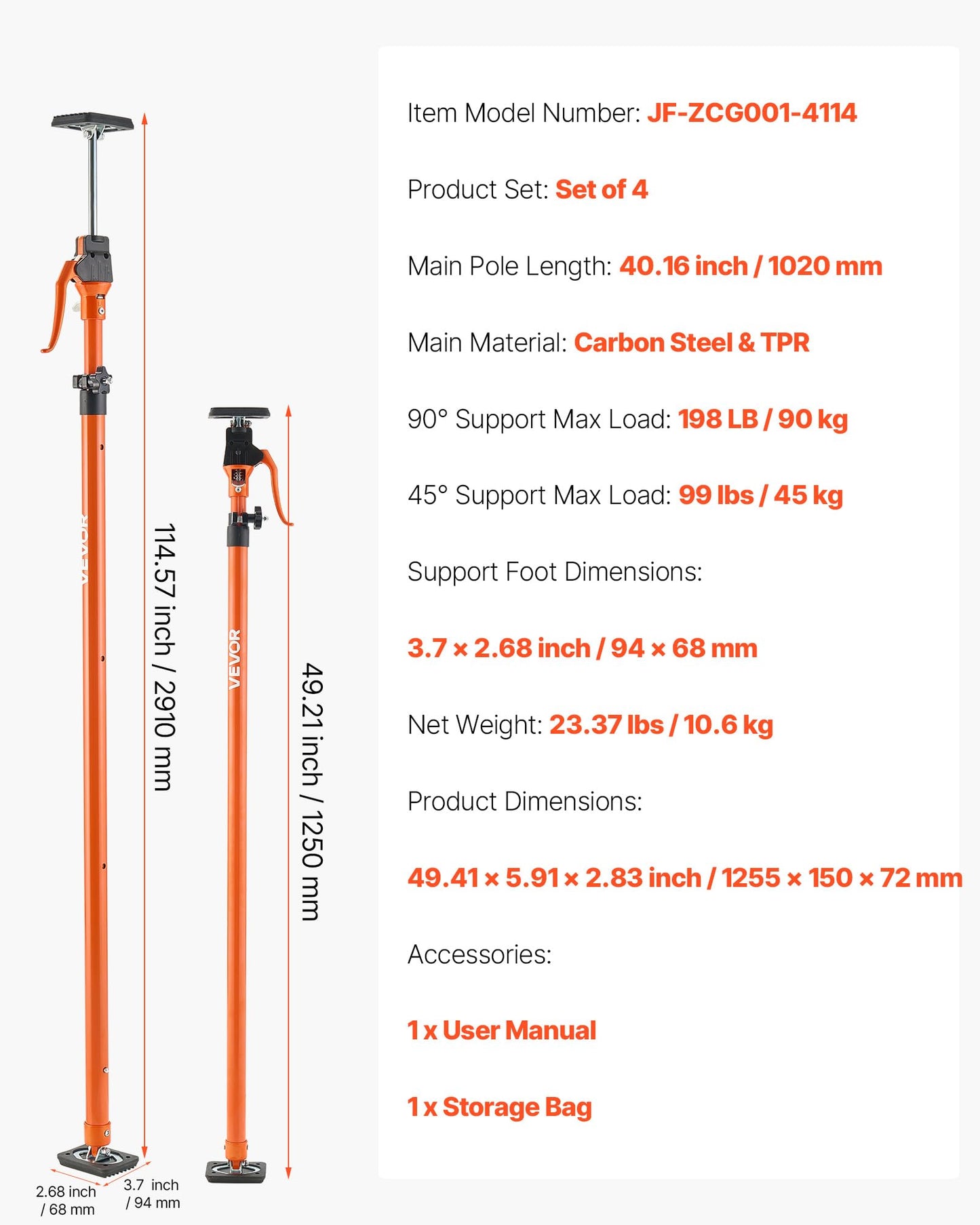 VEVOR Cabinet Jack Support Pole, 4-Pack, 49.2-114.6 Inch Steel Telescopic Quick Support Rod, Adjustable 3rd Hand System up to 198 lbs Capacity for Installing Cabinets, Lifting Drywall, Cargo Bars