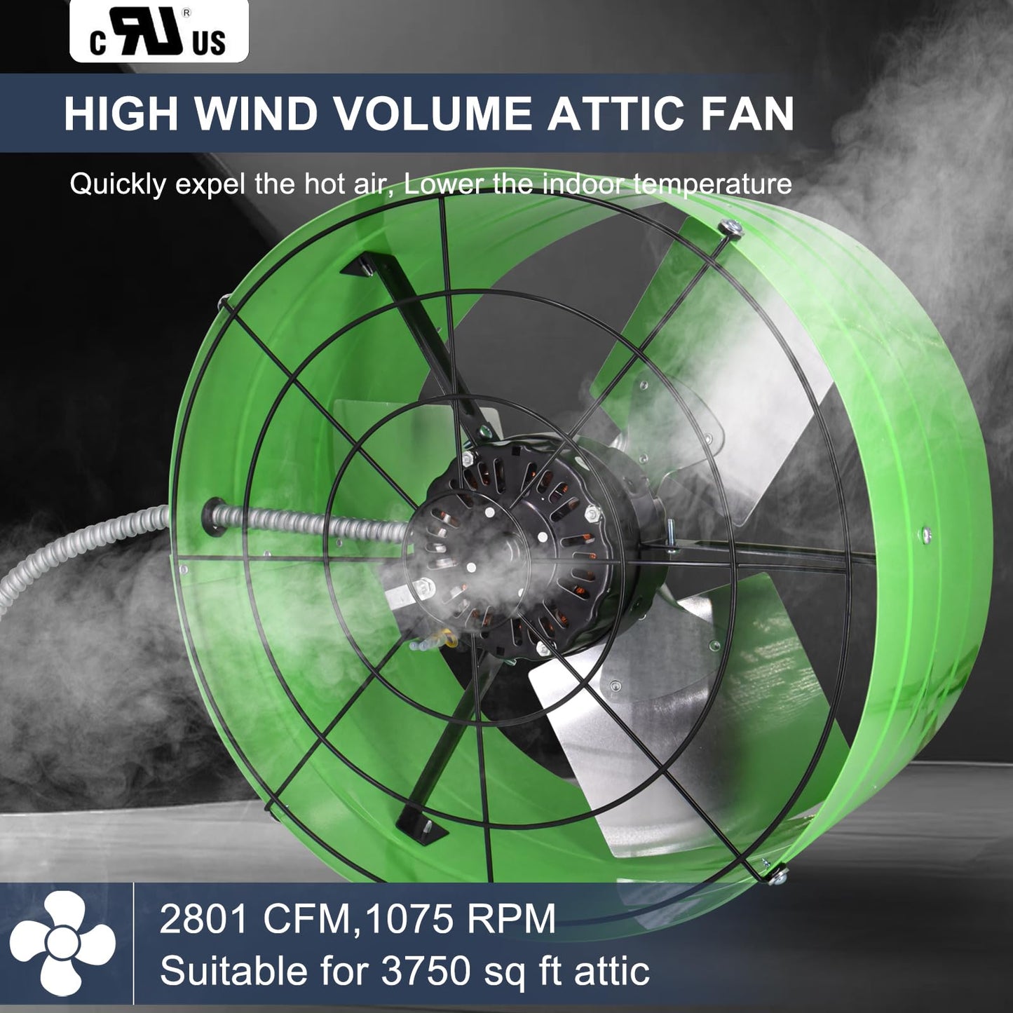 Criditpid 16 Inch Gable Mount Vent Attic Fan, Exhaust Ventilation Fan with Adjustable Thermostat for Gable, Home, Shed, Garage, Portable Building, 3.4A, 1075RPM, 2801CFM, Green.