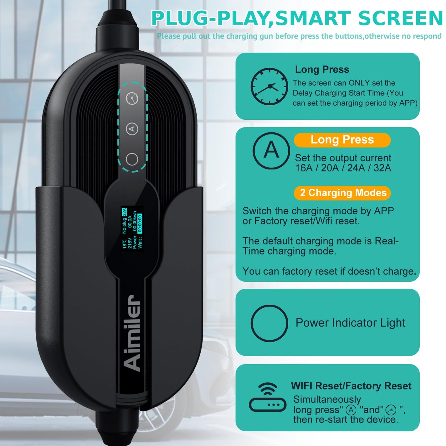 AIMILER Level 2 Electric Vehicle (EV) Charger(WIFI APP/Plug-play), 32A, 25ft Cable ETL Certified, 220V-240V NEMA 14-50P Plug EVSE w/ J1772 Connector, Portable EV Car Charging Stations for Home Level 2