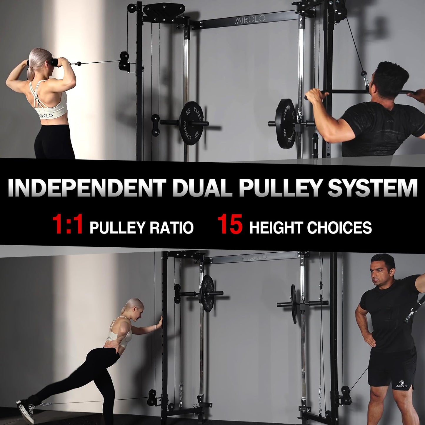 Mikolo Folding Squat Rack, Wall Mounted Power Rack with Cable Crossover Machine & LAT Pull Down, Functional Trainer with 5 Adjustable Function Modes, Upgraded Home Gym Package(Black)
