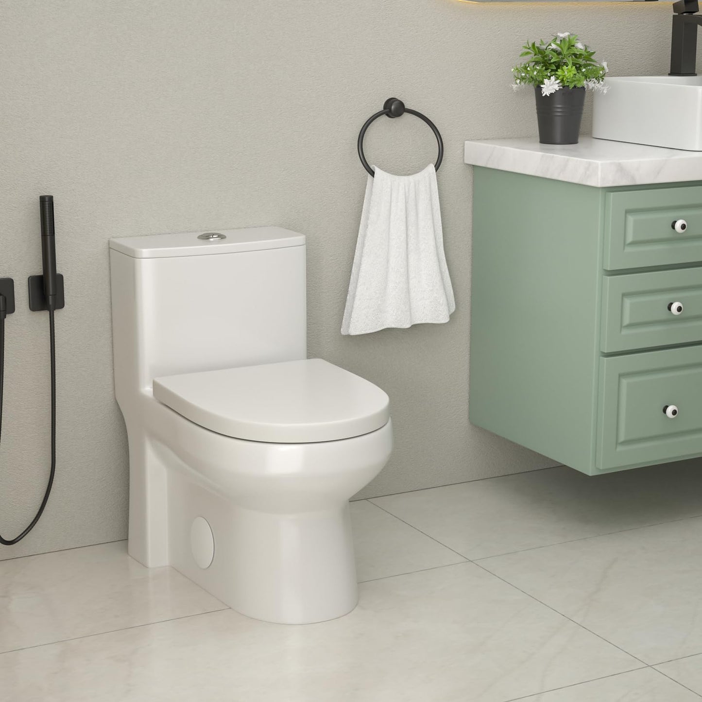 Yurshen 15.7" Elongated One Piece Toilet Compact for Small Bathroom Dual Flush 1.1/1.6 GPF, 12" Rough-in High Efficiency Flush, Standard White Bowl Ceramic- 24.7"D x 13.5"W x 28.2"H