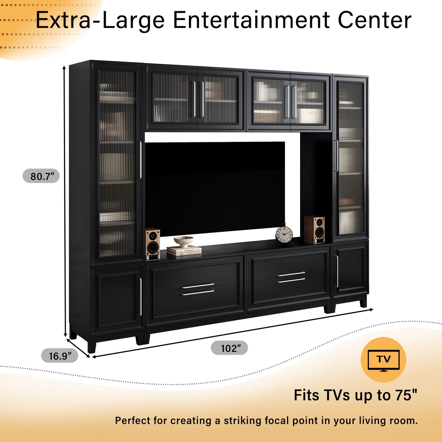 Merax 102" W Wall Unit Modern Entertainment Center with Glass Doors for TVs up to 75", Large Minimalist TV Stand Media Console with Drawers, Glass Doors for Living Room, Black