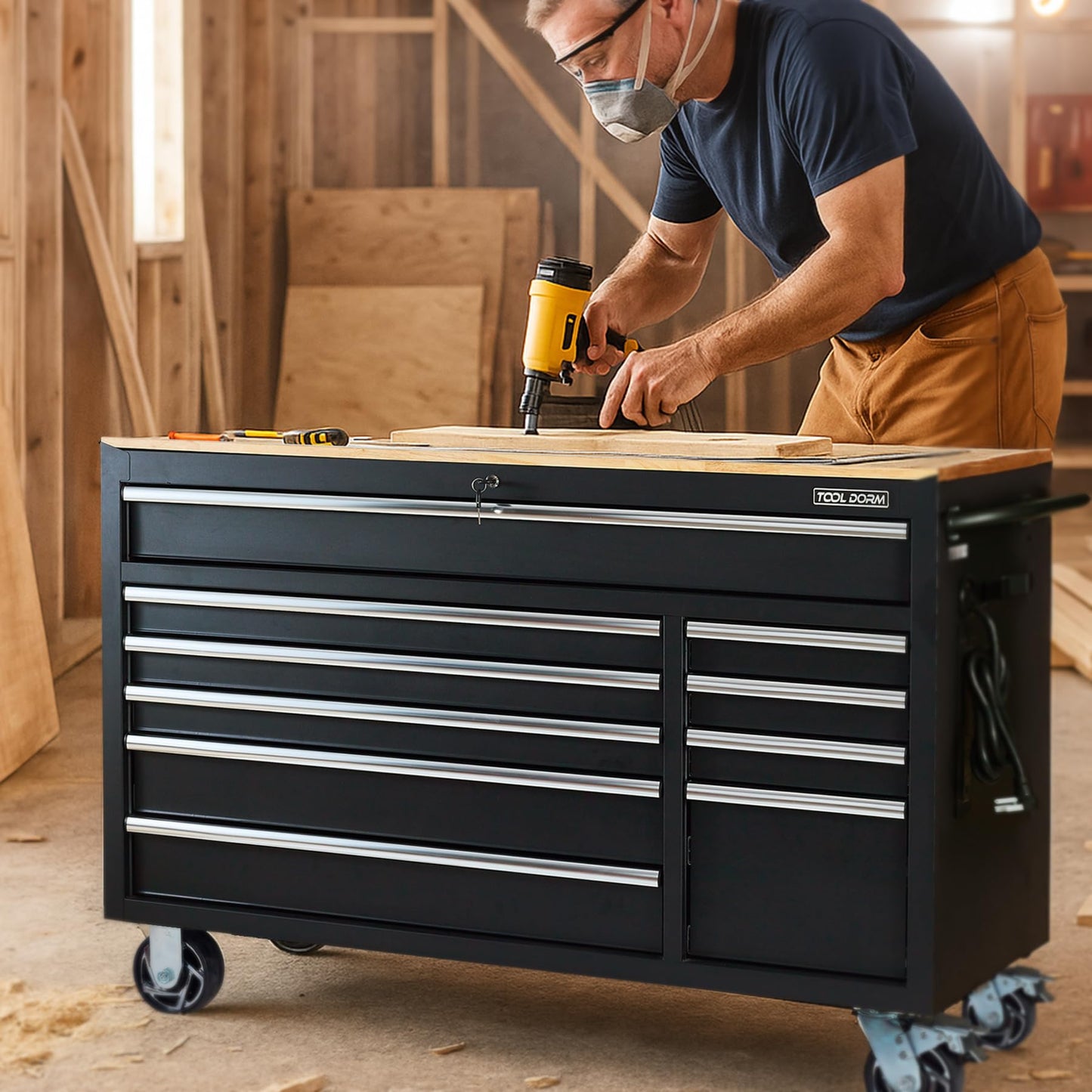 TOOL DORM Rolling Large Tool Chest 56-Inch 10 Drawers, Big Tool Chest with Drawers, Workbench with Wooden Top and Power Strip, Rolling Toolbox with Drawers and Locking System, Black