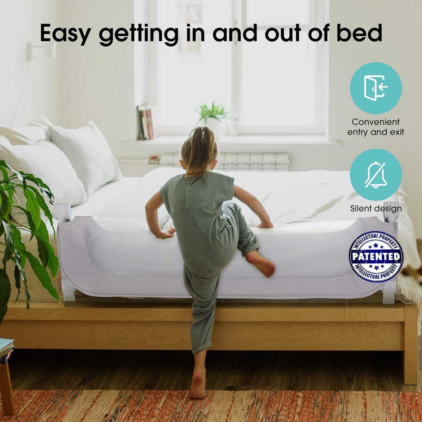 NUTIKAS Toddler Bed Rail Guard - 47" Extra Tall Safety Side Railing for Twin, Full, Queen Beds
