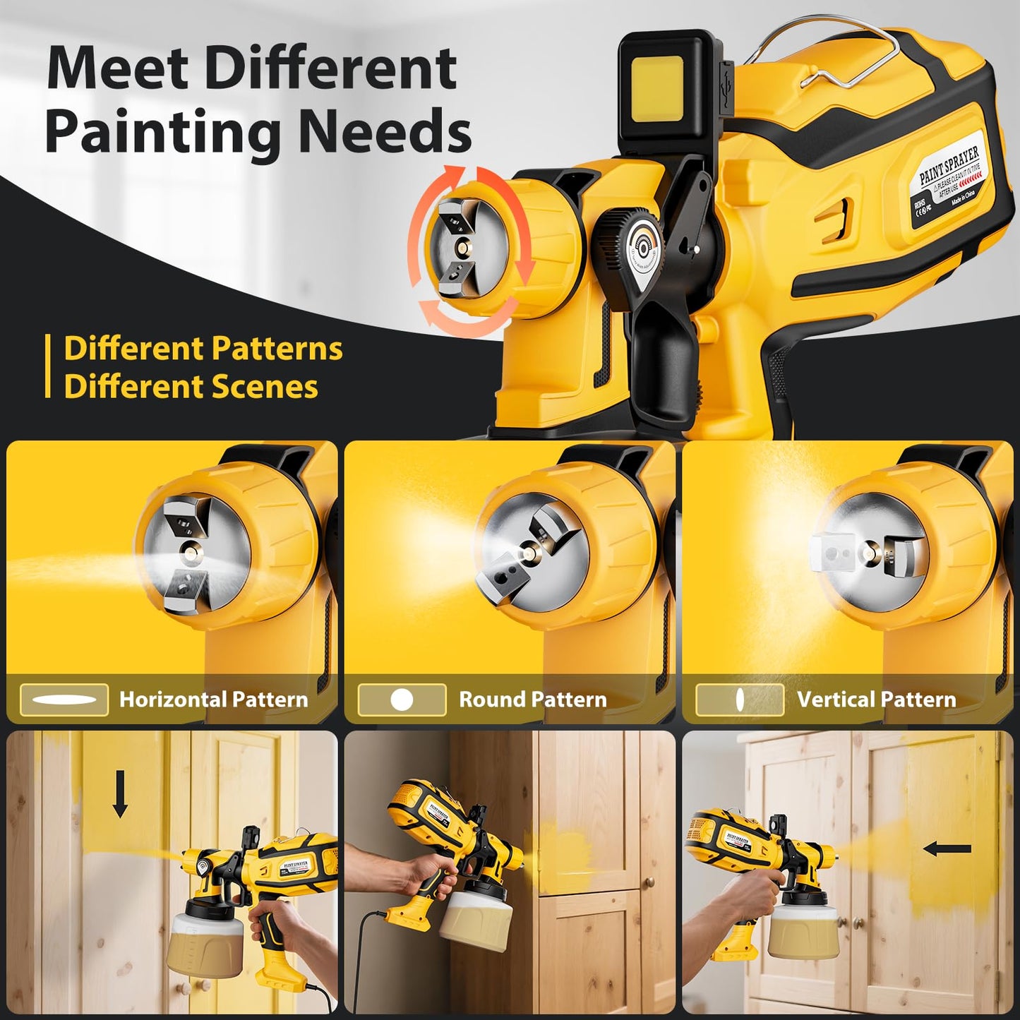 Paint Sprayer for House Painting, Paint Sprayer with Easy to Clean Design, 1400ml (47oz) Container, 6 Brass Nozzles & LED Light, 3 Spray Patterns for House, Fence, Furniture, DIY, Garden, Walls