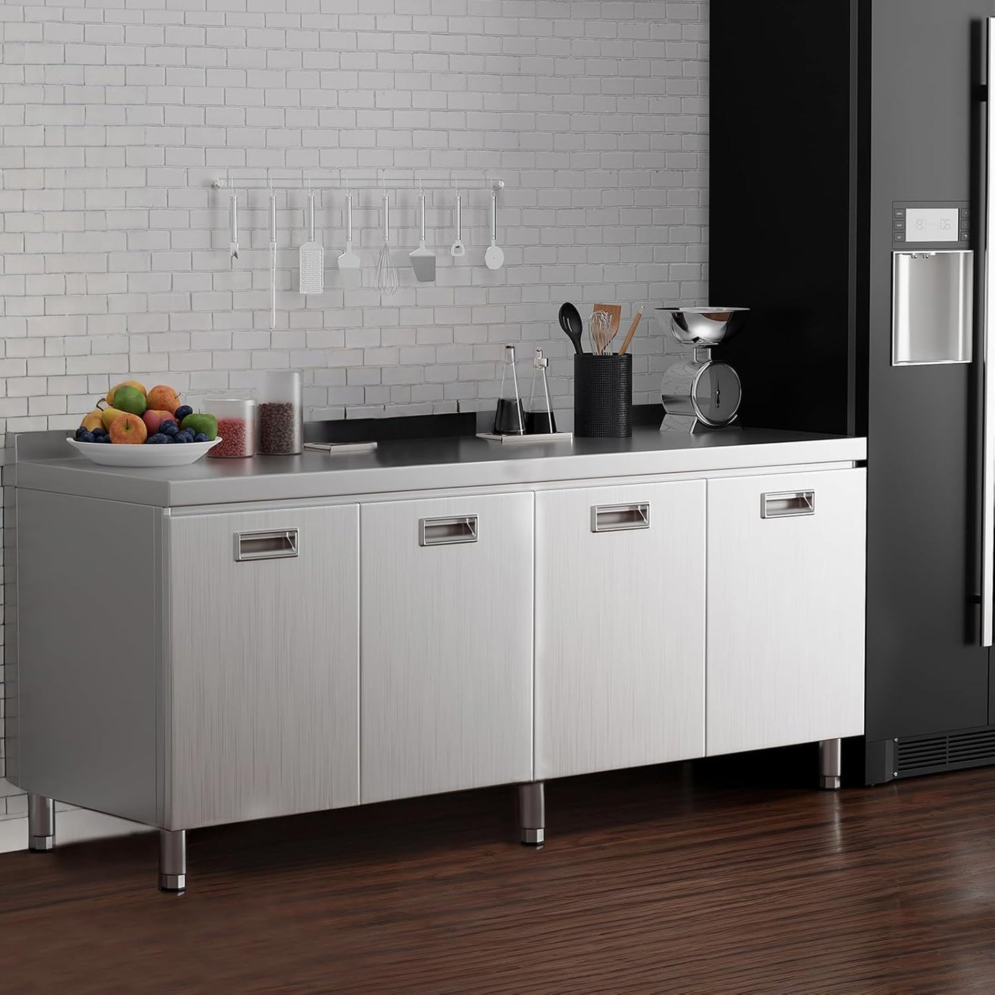ZZV Stainless Steel Table Cabinet for Prep & Work 21 x 66 Inch, Heavy Duty Prep Table with 4 Pull-Out Doors, Commercial Workbench with Cabinet for Kitchen, Restaurant, Hotel, Garage, and Warehouse