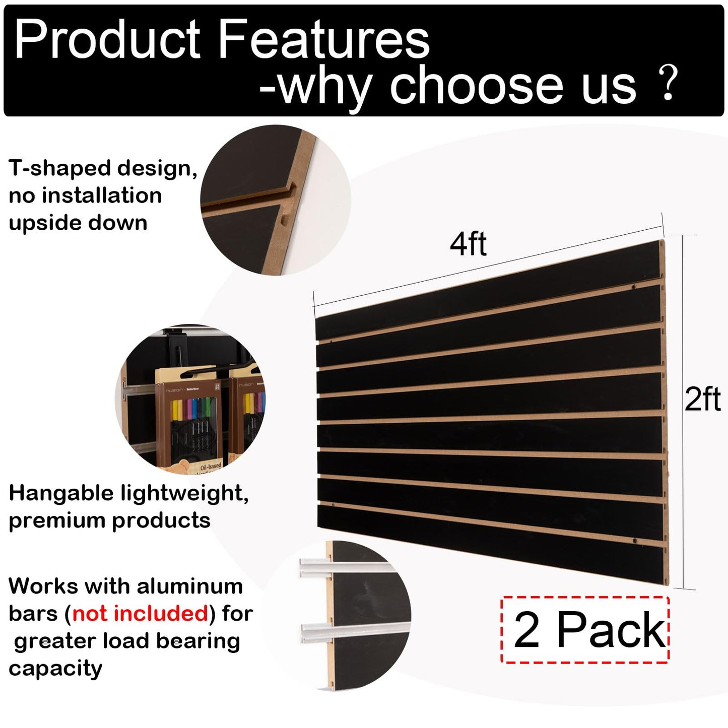 FRAYSCENT Slat Wall Paneling for Retail Display 2 Pack 4'x2', Black MDF Slatwall Panel for Garage Organizer Shiplap Wall Paneling,Slat Board Garage Slatted Storage Systems, Easy Install