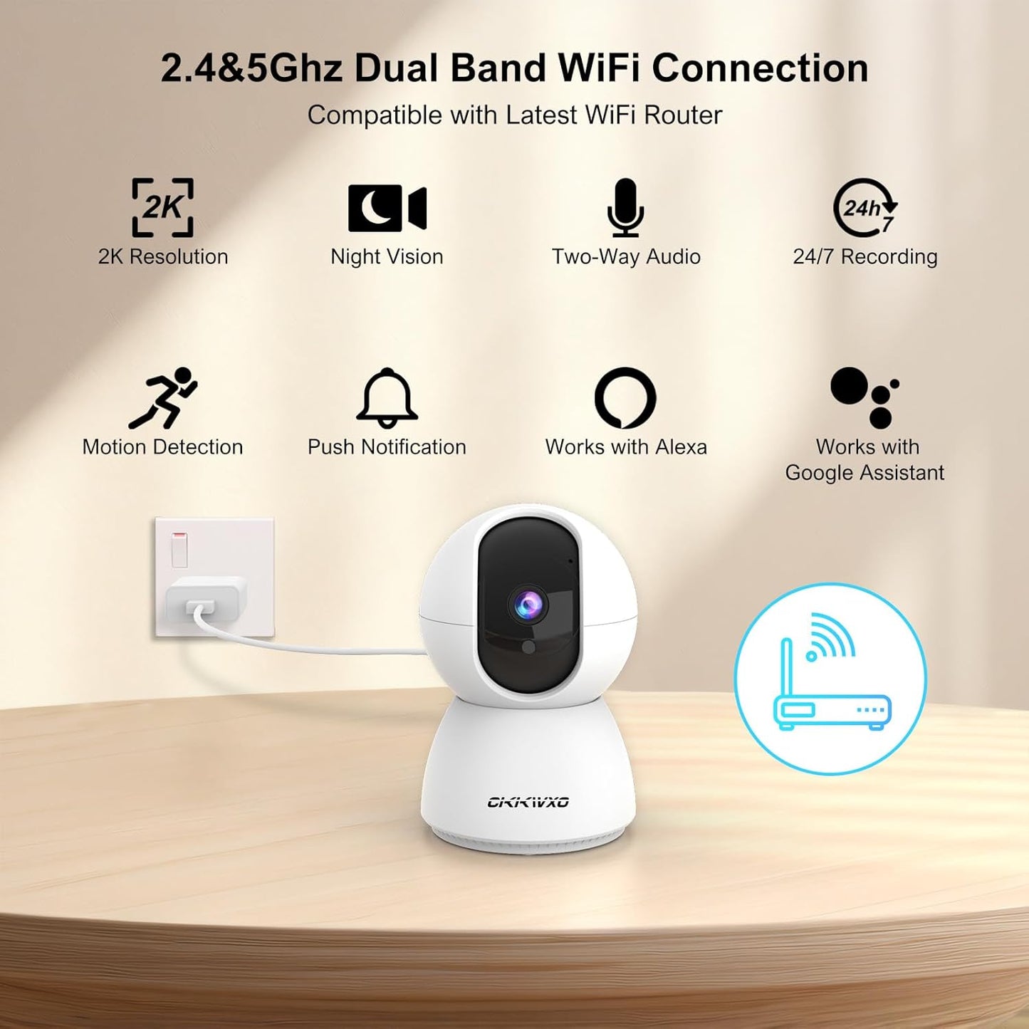 CiKiKWXO 2.4&5GHz Camera,2K/3MP 355 2-Way WiFi Indoor Security Camera for Home Security, Pan/Tilt Pet Cam, IR Night