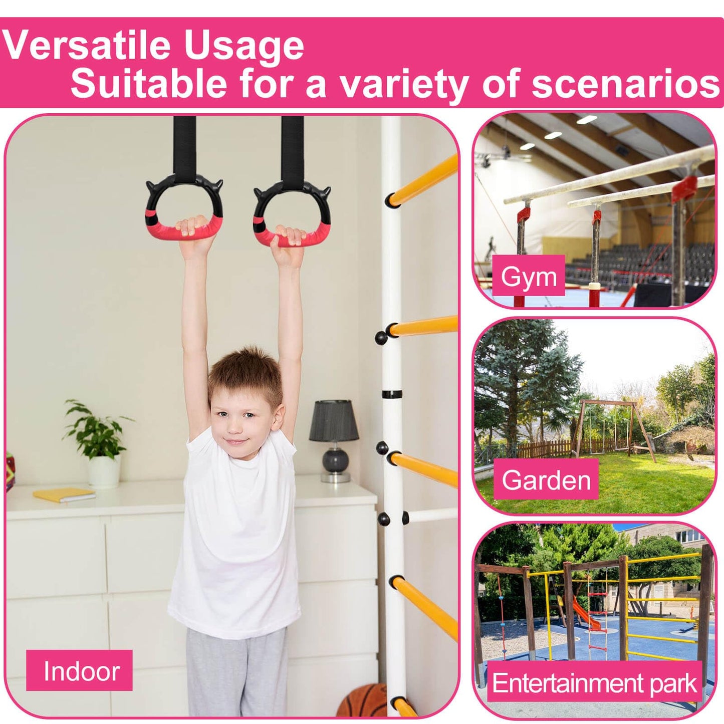 RINREA Gymnastics Rings for Kids, Children's Pull Up Rings with Adjustable Straps, Home Exercise Gym Rings for Strength/Physical Training (Pink)