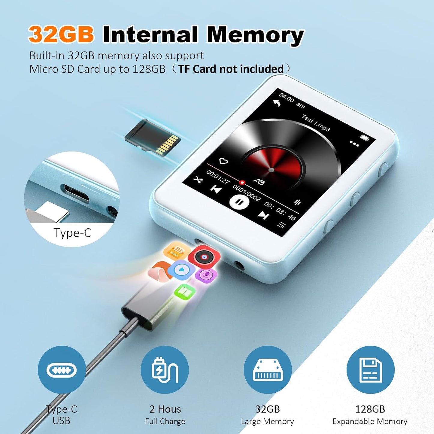 JOJOLEPAI MP3 5.3, 32GB 128GB Light Blue Player with Bluetooth Touchscreen Portable Music Player,Built-in Speaker,FM