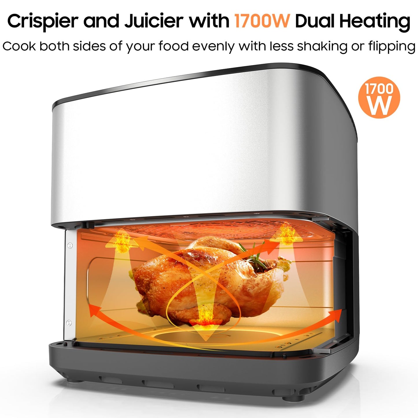 Iceagle Stainless Steel Air Fryer 9 Quart - Airfryer XXL with Large Viewing Window, Dual Heating Elements, 12-in-1 Function to Roast, Bake, Broil, Defrost, Reheat, Dishwasher-Safe Parts, 1700W, Siver