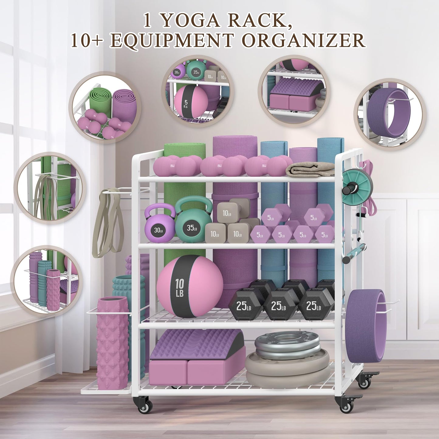 4-Tier Dumbbell Rack Stand Only, 600LB Capacity Adjustable Weight Rack for Dumbbells Kettlebells Yoga Mat, Home Gym Storage Rack with Wheels and Hooks, Powder Coated Finish (Large White)