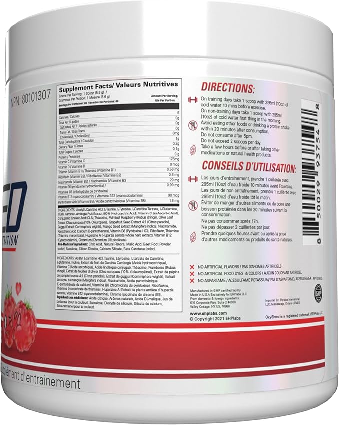 EHP Labs OxyShred Non Stimulant Pre Workout Powder - Stim Free, Caffeine Free Preworkout for Men & Women - Non Stim Preworkout - Sugar Free Energy Powder - Raspberry, 60 Servings