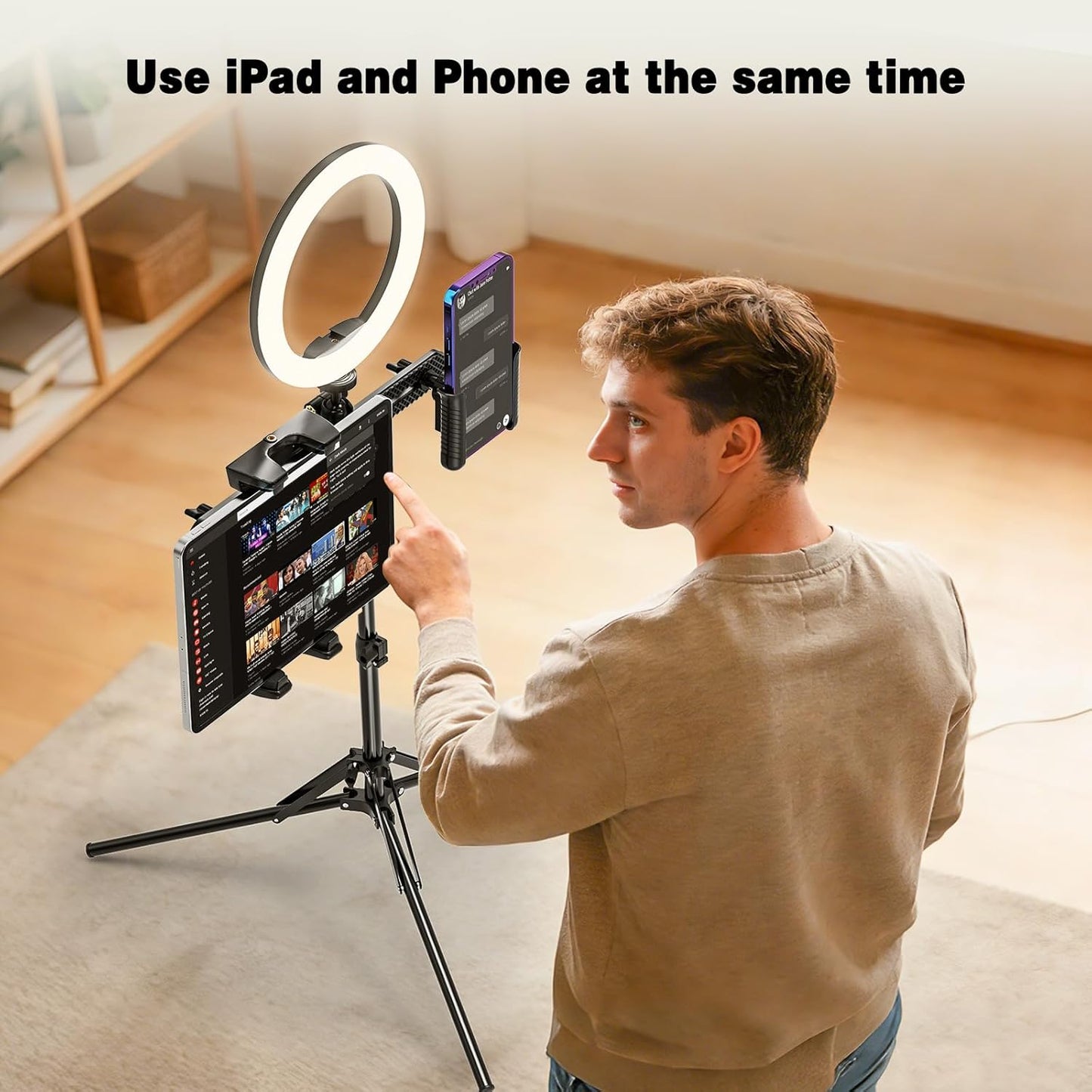 BAISHUN 63-inch 360 2 4.7-12.9 inch 1/4 inch Tripod Stand for Tablet Camera Phone, Height Adjustable iPad Mount Holder