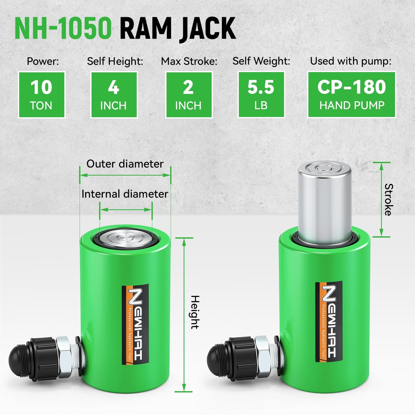 Newhai Hydraulic Porta Power Kit 10 ton Hydraulic Ram Jack + cp-180 Hand Pump Hydraulic Lifting Cylinder Tool Retract Automatically for Industrial Factory DIY Use