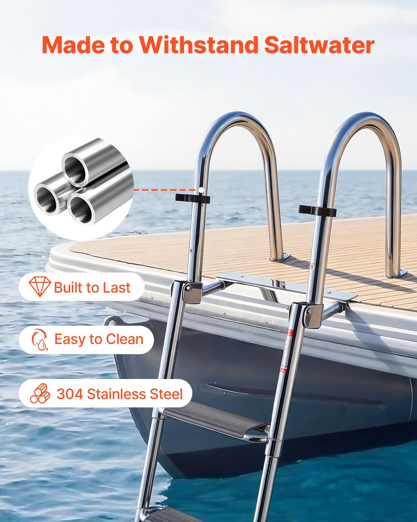 VEVOR Boat Ladder, 4 Steps Stainless Steel Telescoping Folding Swim Deck Ladder for Rear Entry Inboard, 600lbs Capacity with 4.1'' Extra Wide Steps & Handrails, for Outboards, Yacht, Pontoon Boat
