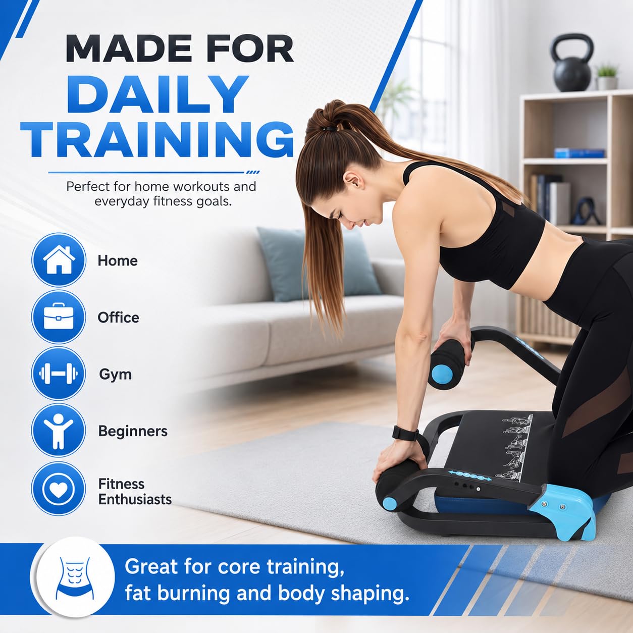 Ab Machine, Ab Workout Equipment with 3 Adjustable Resistance, Sit Up Machine & Exercise Equipment, Foldable Ab Crunch Machine for Home Gym, Modern Style, Blue and Black