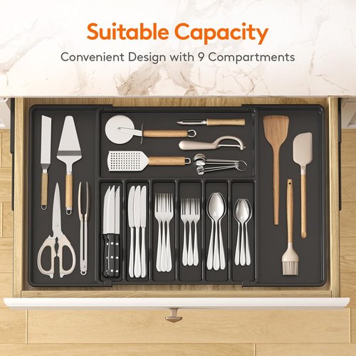 Lifewit Silverware Drawer Organizer, Expandable Utensil Tray for Kitchen, BPA Free Flatware and Cutlery Holder, Adjustable Plastic Storage for Spoons Forks Knives, 17- 30 x 18.5", Black