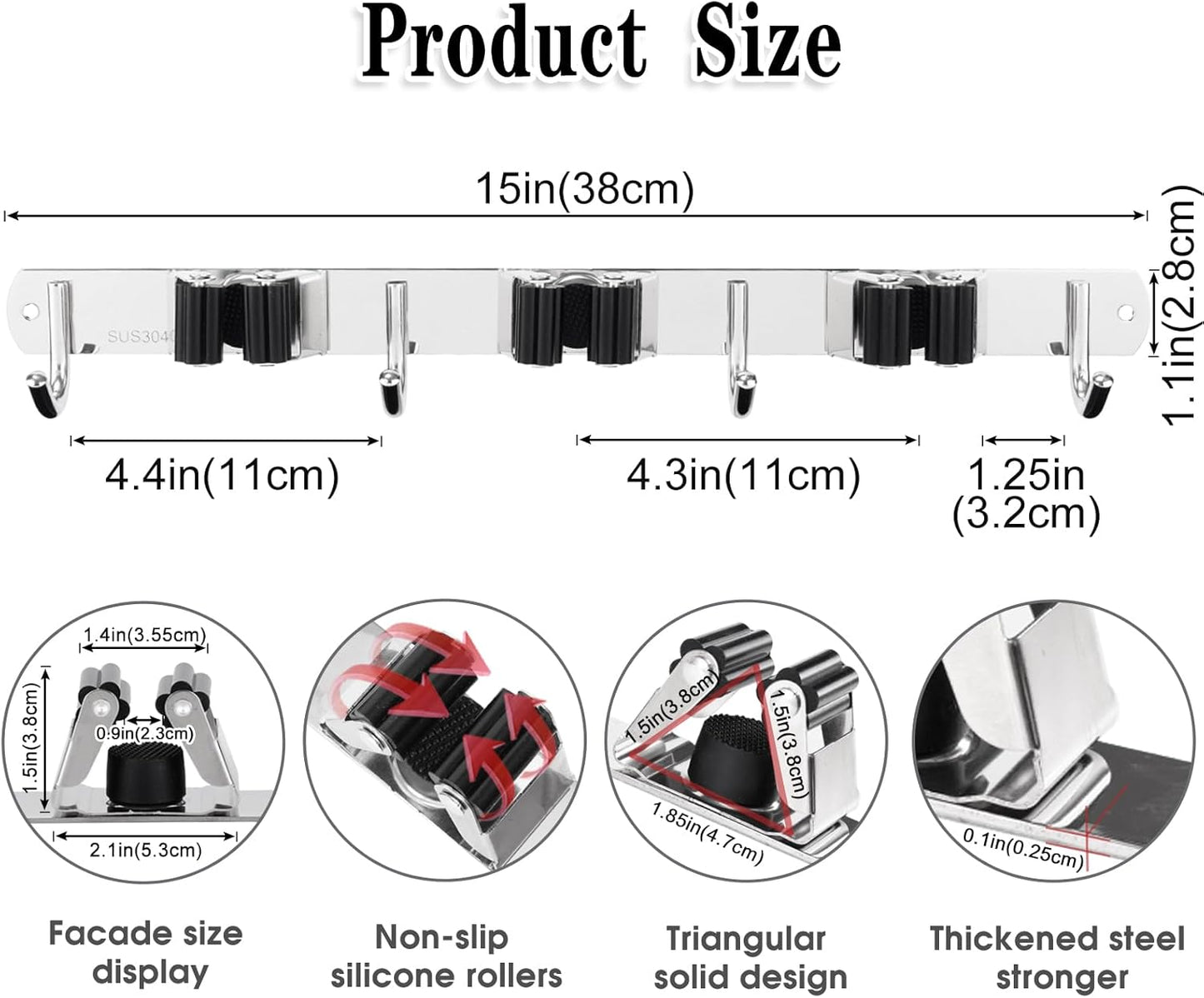 Skiennix Broom and Mop Holder - Wall Mounted Garage Organizer with 3 Racks & 4 Heavy-Duty Hooks | Stainless Steel, Non-Slip